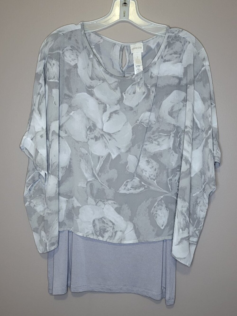 Chico's Gray Floral Layered Blouse Women's Size 2 (Large) Chiffon Overlay